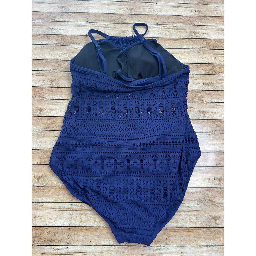 Aqua Green High Neck Crochet One Piece Swimsuit Blue XL - Picture 3 of 9